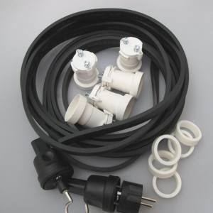 Illu Lichterketten Bausatz 100 Meter mit 100 Fassungen E 27 Schwarzes Kabel - Weisse Fassungen - Stecker und Endstück